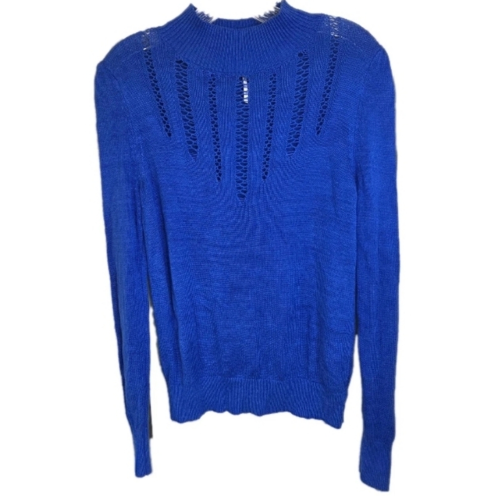 Free People Time After Time Pointelle Mock Neck Sweater Size S Blue Linen Blend